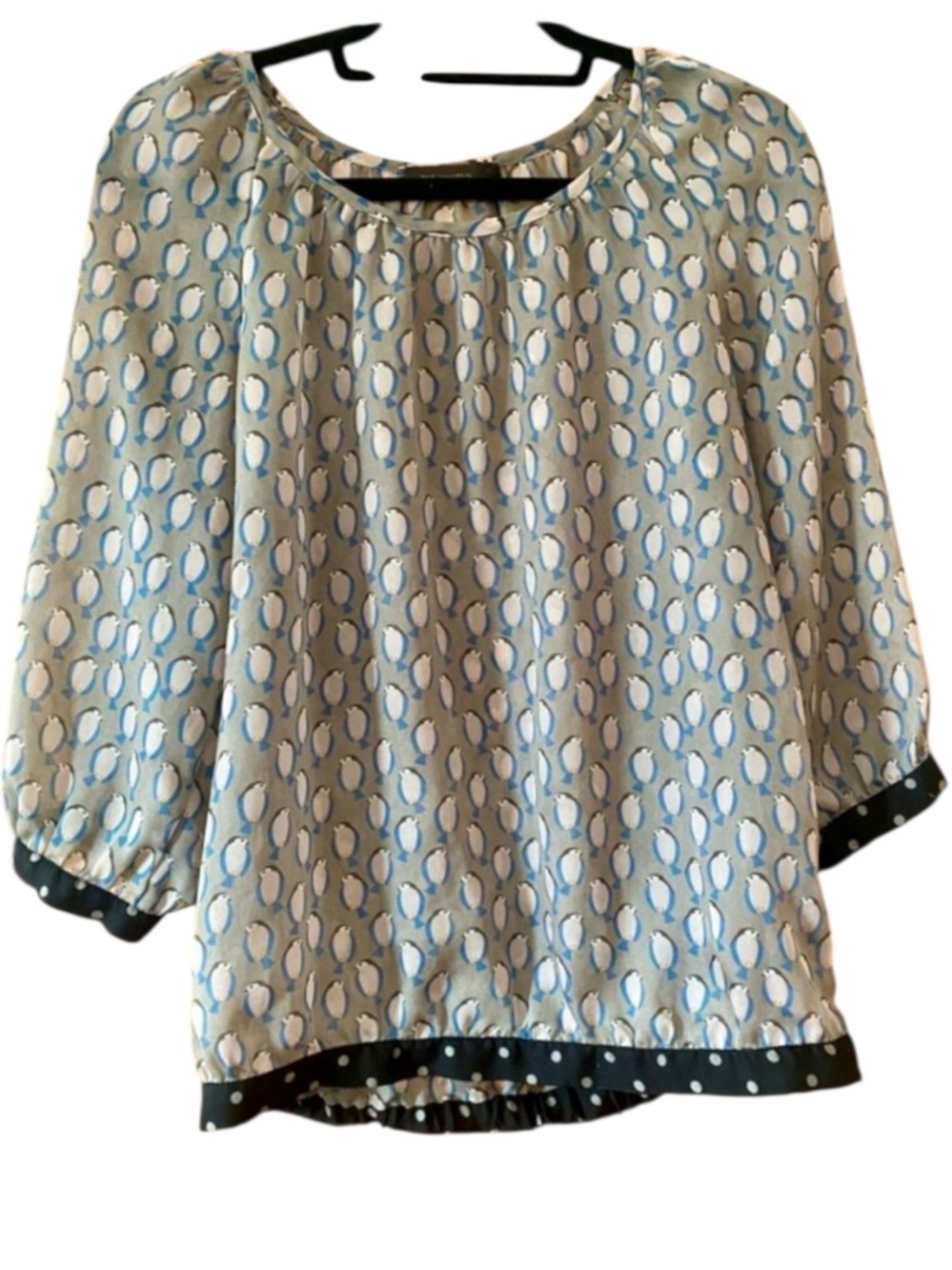 The Limited Novelty Bird Print Sheer Blouse Polka Dot Trim 3/4 Sleeve Small